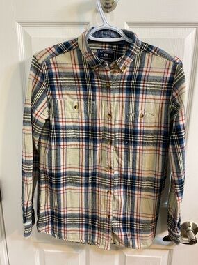 Penfield Cotton Flannel Cream Blue Plaid Button Down Shirt Women’s Size Small